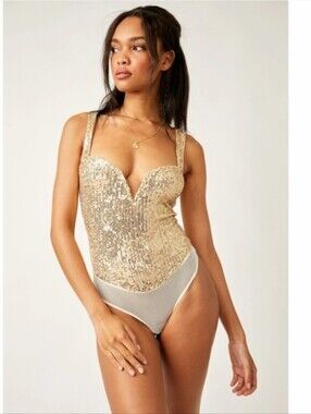 Intimately By Free People Sleeveless Gold Sequin Bodysuit Size Large NWOT